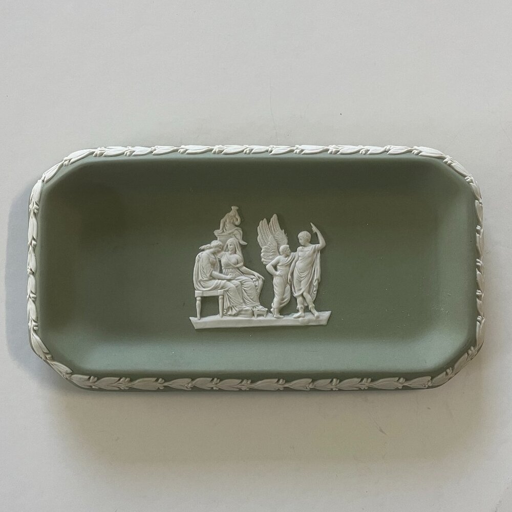 Vintage Wedgewood Cream & Green Jasperware Oblong Tray. 6 Inches